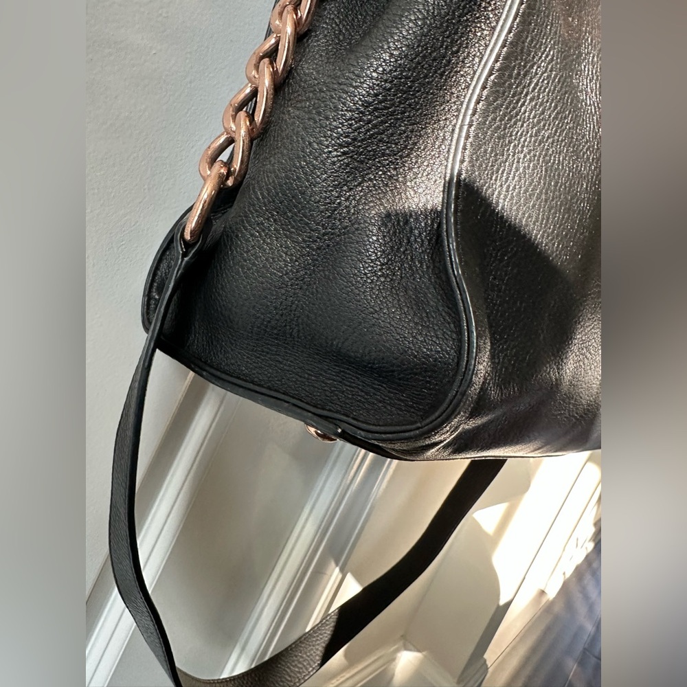 Michael Kors HAMILTON Black Pebbled Leather Satchel Tote Bag Rose Gold Hardware - Picture 14 of 17